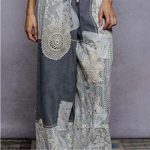 New POL Boho Patchwork Pants Gray Mixed Fabrics Lace Crochet Size Small